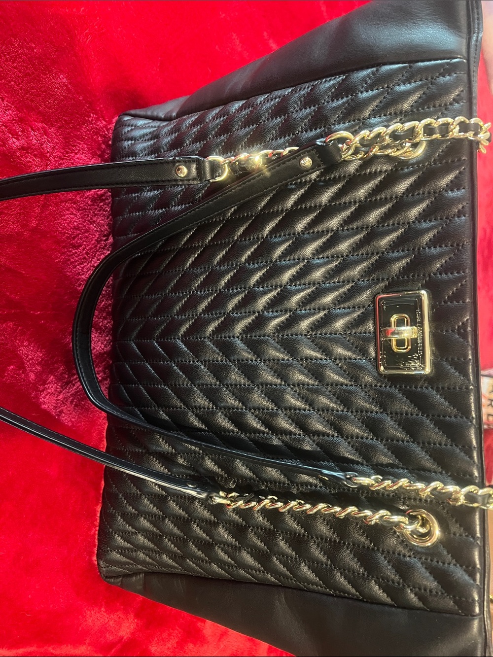 Karl Lagerfeld Black Quilted Shoulder Tote with Gold Chain Trim